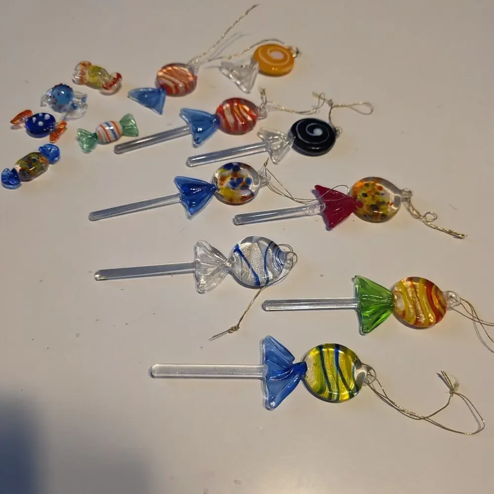 Set of 14 Vintage Murano Style Blown Glass Lollipop Ornament Christmas Candy Art